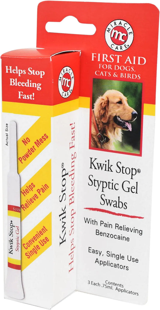 Miracle Care Kwik Stop Styptic Gel Swabs For Dogs Cats and Birds Fast-Acting Blood Stop Swabs For Pets Quick Stop Bleeding Swabs For Dog Nail Clipping Minor Cuts Grooming 3 count