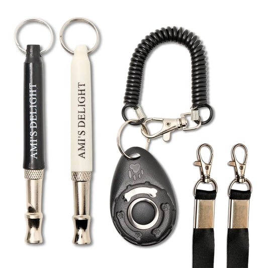 Amis Delight Dog Whistle Set of 5 | 2PCS Premium Quality Adjustable Dog Whistles with 2 Black Lanyards and a Dog Clicker | Ultrasonic Dog Whistle to Stop Barking Neighbors Dog